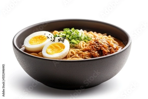 Obraz Korean instant noodles in a rustic bowl with a spicy red broth, soft-boiled egg halves floating, and a side of kimchi in a small dish