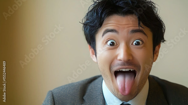 Obraz 馬鹿にするように舌を出すスーツを着たアジア人のビジネスマン
