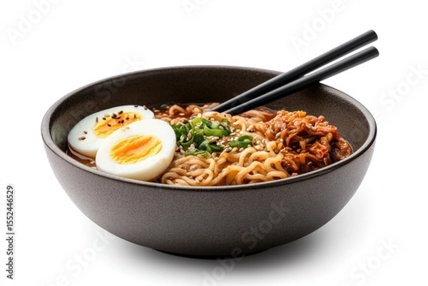 Obraz Korean instant noodles in a rustic bowl with a spicy red broth, soft-boiled egg halves floating, and a side of kimchi in a small dish