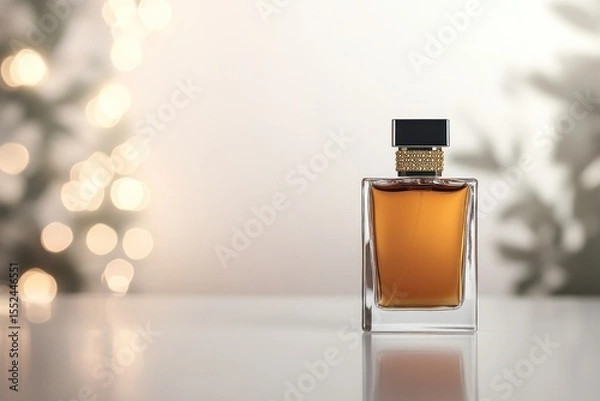 Obraz Luxurious amber perfume bottle with gold bead embellishments placed on a glossy surface