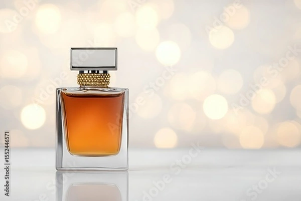 Obraz Luxurious amber perfume bottle with gold bead embellishments placed on a glossy surface