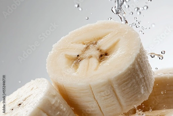 Obraz Macro image of banana slices highlighting the moist surface and central core structure, isolated on white background