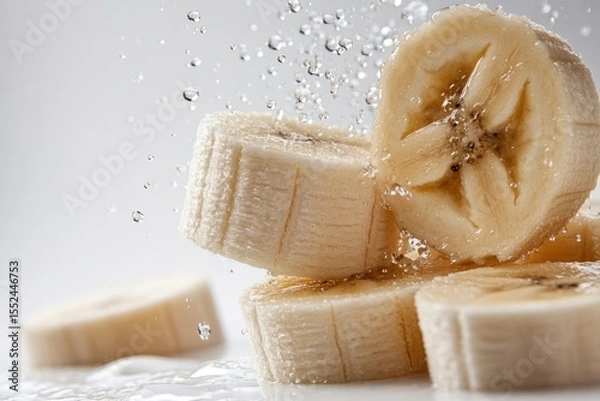 Obraz Macro image of banana slices highlighting the moist surface and central core structure, isolated on white background