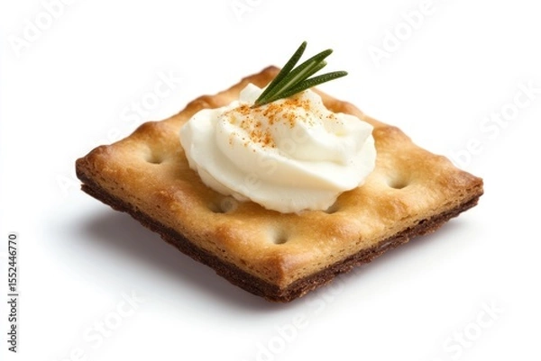 Obraz One artisan-style cracker layered with whipped cream cheese and a touch of paprika for garnish, isolated on white background