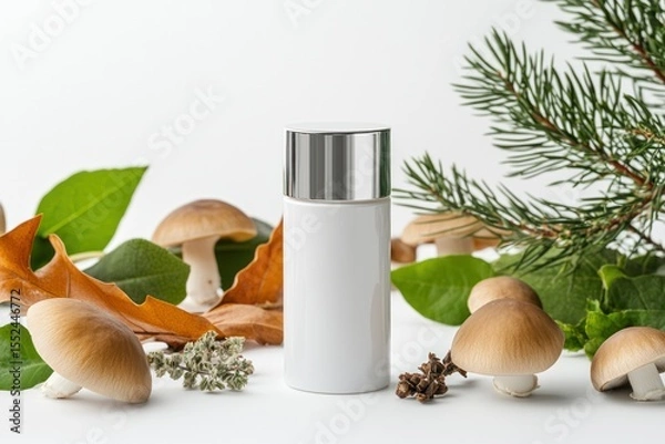 Obraz Natural beauty concept with a facial cream jar standing upright in a bed of edible mushrooms and healing herbs