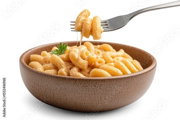 Obraz Overhead view of a fork lifting a gooey bite of macaroni and cheese from a rustic plate, showcasing the stringy cheese texture