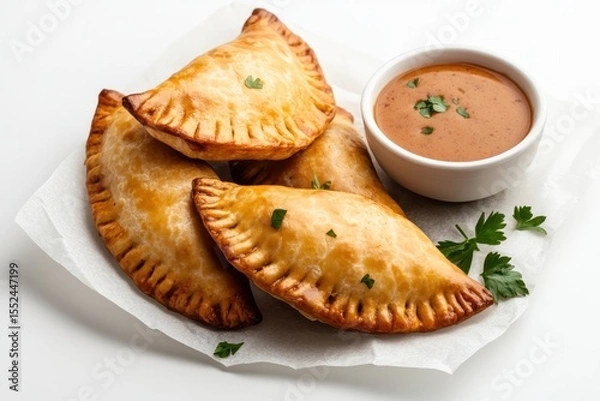 Obraz Overhead view of multiple spicy beef empanadas placed in a semi-circle on parchment paper