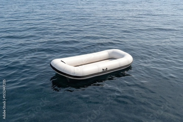 Obraz Realistic close-up of a white rubber dinghy drifting motionless on serene deep blue lake water isolated on white background