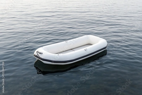 Obraz Realistic close-up of a white rubber dinghy drifting motionless on serene deep blue lake water isolated on white background