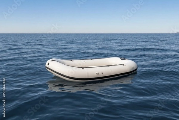 Obraz Realistic close-up of a white rubber dinghy drifting motionless on serene deep blue lake water isolated on white background