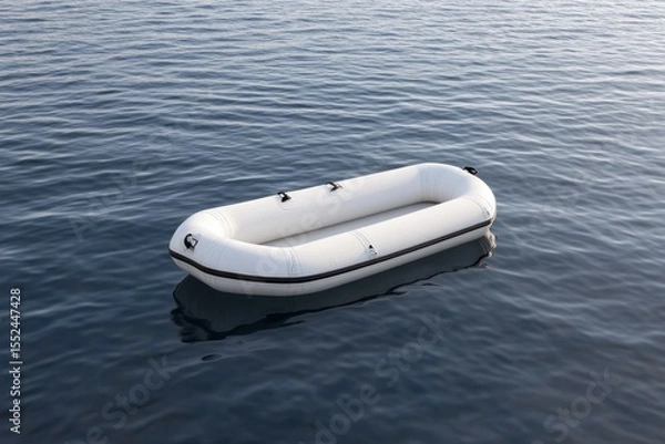 Obraz Realistic close-up of a white rubber dinghy drifting motionless on serene deep blue lake water isolated on white background
