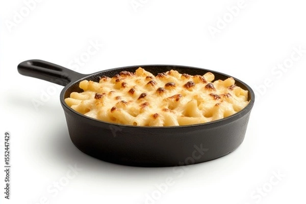 Obraz Realistic high-resolution shot of baked macaroni and cheese with a crispy golden topping in a cast iron skillet