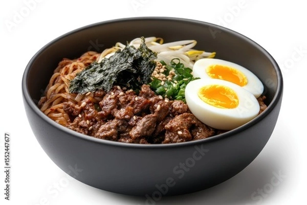 Obraz Side angle shot of a rich, flavorful bowl of Korean noodles topped with boiled egg halves, seaweed strips