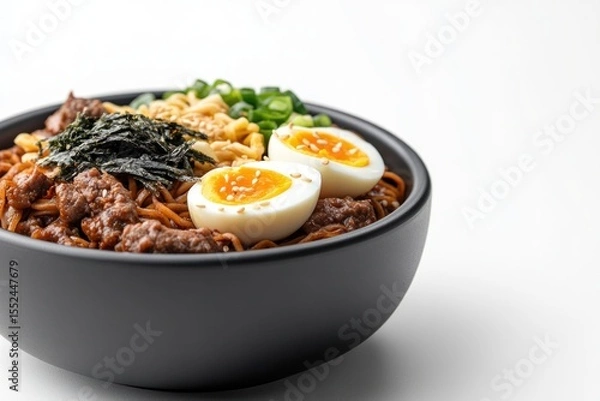 Obraz Side angle shot of a rich, flavorful bowl of Korean noodles topped with boiled egg halves, seaweed strips