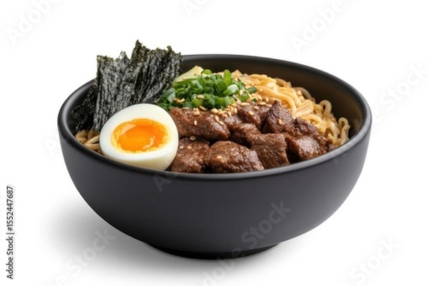 Obraz Side angle shot of a rich, flavorful bowl of Korean noodles topped with boiled egg halves, seaweed strips