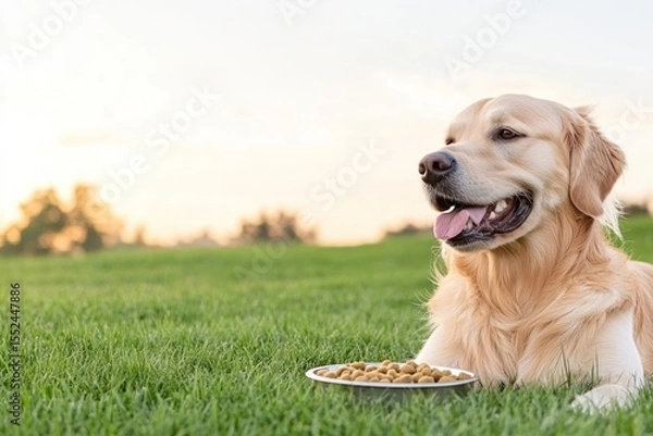 Obraz Smiling golden retriever mid-chew with front paws near its bowl filled with dry dog food looking content isolated on white background