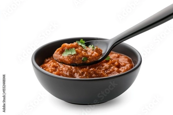 Obraz Spoon scooping sour tomato salsa from a bowl, showcasing the chunky consistency and vibrant red tones