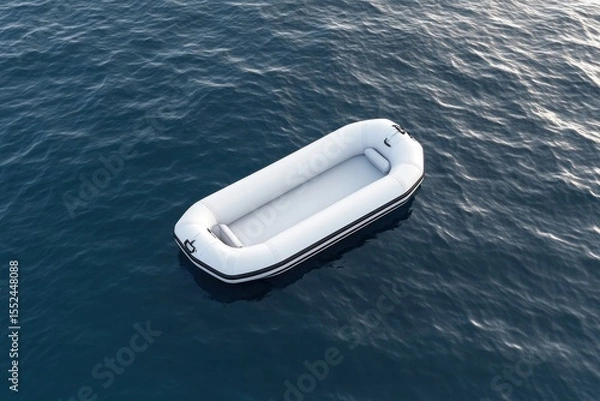Obraz Top view of a white rubber boat resting still on smooth blue sea surface with gentle ripples isolated on white background