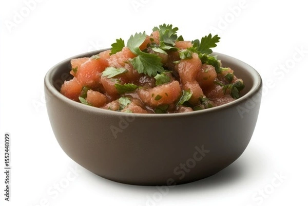 Obraz Top view of sour tomato salsa garnished with cilantro leaves, highlighting the glossy surface and fresh ingredients