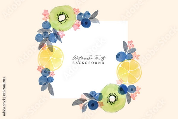 Obraz Set of summer fruits watercolor art pattern frame background. Sweet kiwi, blueberry and lemon in frame.Summer fruits pattern. Fruit berry background. Watercolor fruit texture