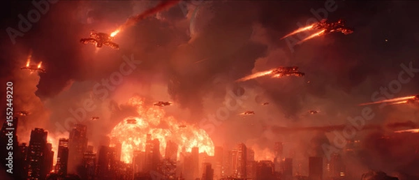 Obraz Apocalyptic City Under Missile Strike and Explosions