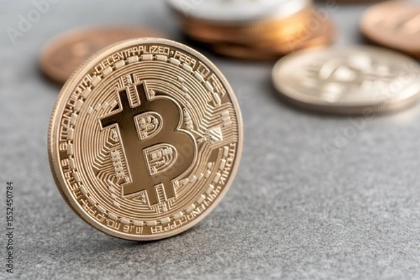 Obraz Collection of gold and silver bitcoins scattered loosely on a dark floor with natural lighting isolated on white background
