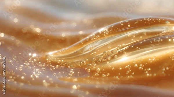 Fototapeta Golden fluid with bubbles forming abstract waves. Light glints and highlights the textured surface.