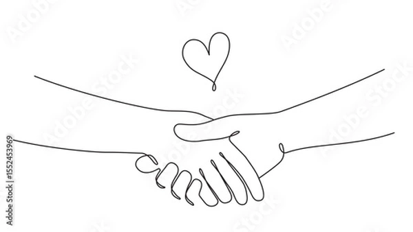 Fototapeta 握手する手とハートの一筆書きイラスト　線画　ラインアート　黒