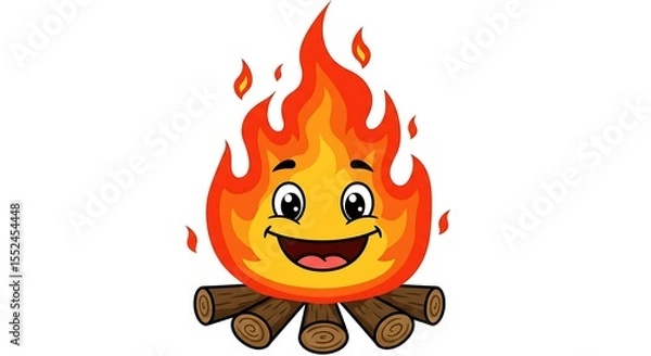 Obraz Cartoon fire character with smiling face on logs vector illustration