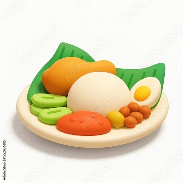 Obraz 3D Render of a Colorful Plate of Rice, Chicken, Egg, and Vegetables