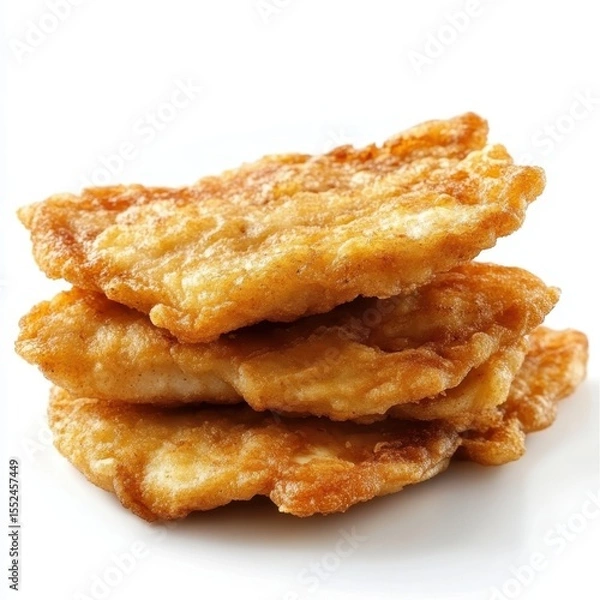 Fototapeta Stack of crispy golden fried fish fillets isolated on white background