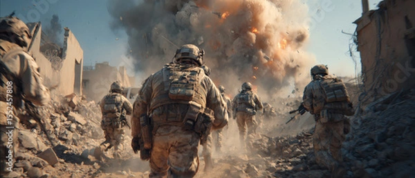 Obraz Modern Soldiers Advancing Through Urban Combat Zone Explosion