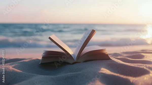 Fototapeta Open book on a serene beach at sunset, inviting reading and relaxation against a beautiful ocean backdrop.
