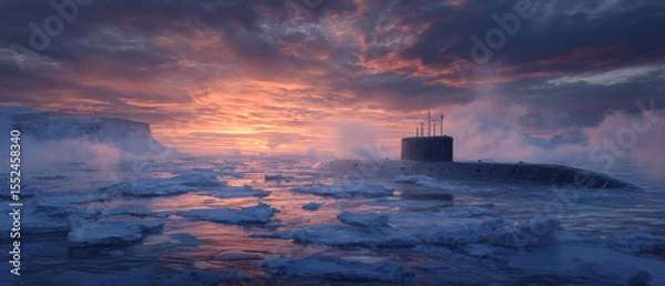 Obraz Submarine Surfacing in Arctic Ice Field at Sunset