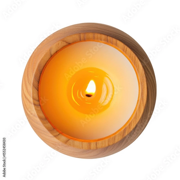Fototapeta Burning candle in wooden holder top view isolated on transparent background