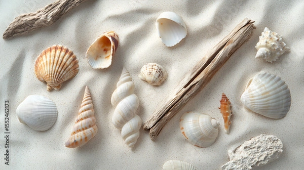 Fototapeta Seashells and driftwood on sand: beach treasures arranged in a calming, summery display.