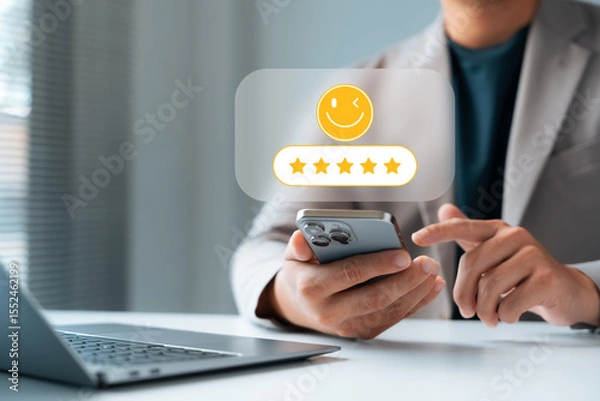Fototapeta customer satisfaction feedback, businessperson using smartphone to give five-star rating with smiley face icon, representing positive user experience, review system, and digital customer service.