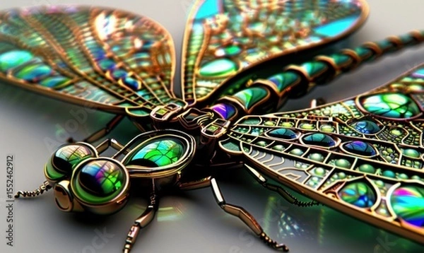 Fototapeta Decorative dragonfly close up art piece with metallic and gemstone details