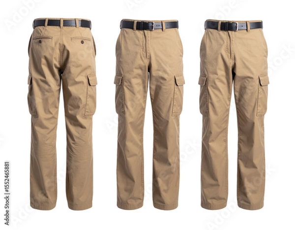 Obraz Khaki cargo pants shown from three angles, displaying pockets and belted waist