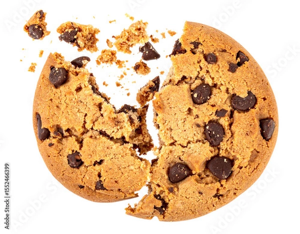 Obraz A split chocolate chip cookie with crumbs scattered around