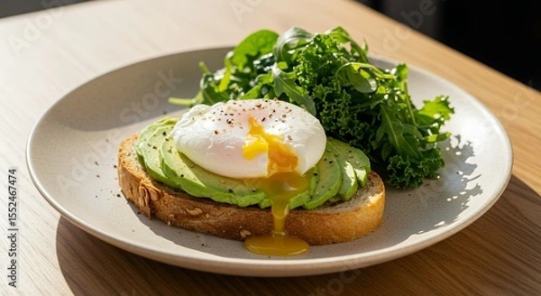 Fototapeta Sunlit Avocado Toast with Poached Egg and Greens: A Delicious Start to Your Day
