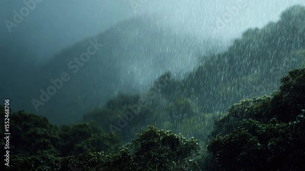 Obraz A Strong Rainstorm Soaking a Green Forest