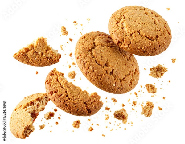Obraz Golden-brown oatmeal cookies in mid-air, crumbly and delicious, captured in a dynamic shot