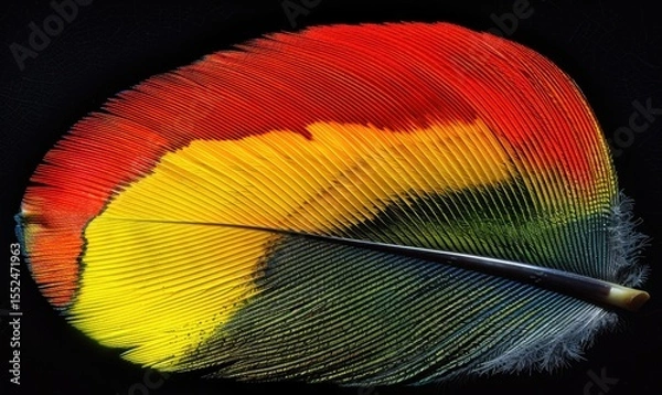 Fototapeta Striking macro shot of a single colorful bird feather on black background