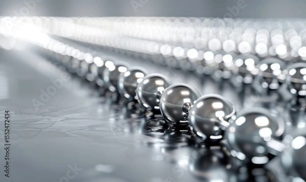 Fototapeta Symmetrical metal spheres aligned in a row with reflections and depth of field