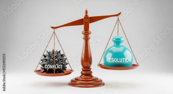 Fototapeta A balance scale weighs "CONFLICT" (spiky metal) against "RESOLUTION" (smooth, peaceful object), symbolizing the pursuit of peace.