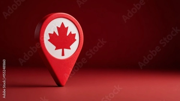Fototapeta canada location pin, gps marker, made in canada symbol, find us sign, red color with maple leaf, vector