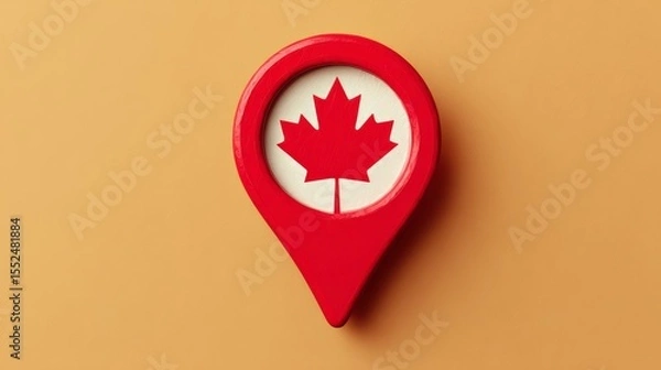 Fototapeta canada location pin, gps marker, made in canada symbol, find us sign, red color with maple leaf, vector