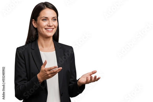 Fototapeta Confident business Executive woman explaining with hand gestures, isolated on transparent background. Ideal for presentations, communication, and business concepts