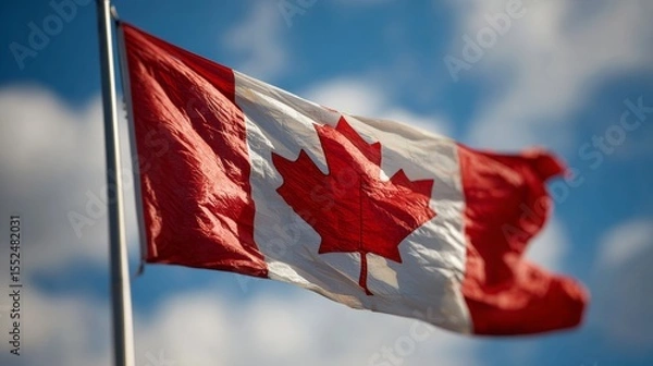 Fototapeta Canadian Flag flailing in the wind. Blue sky with clouds in background